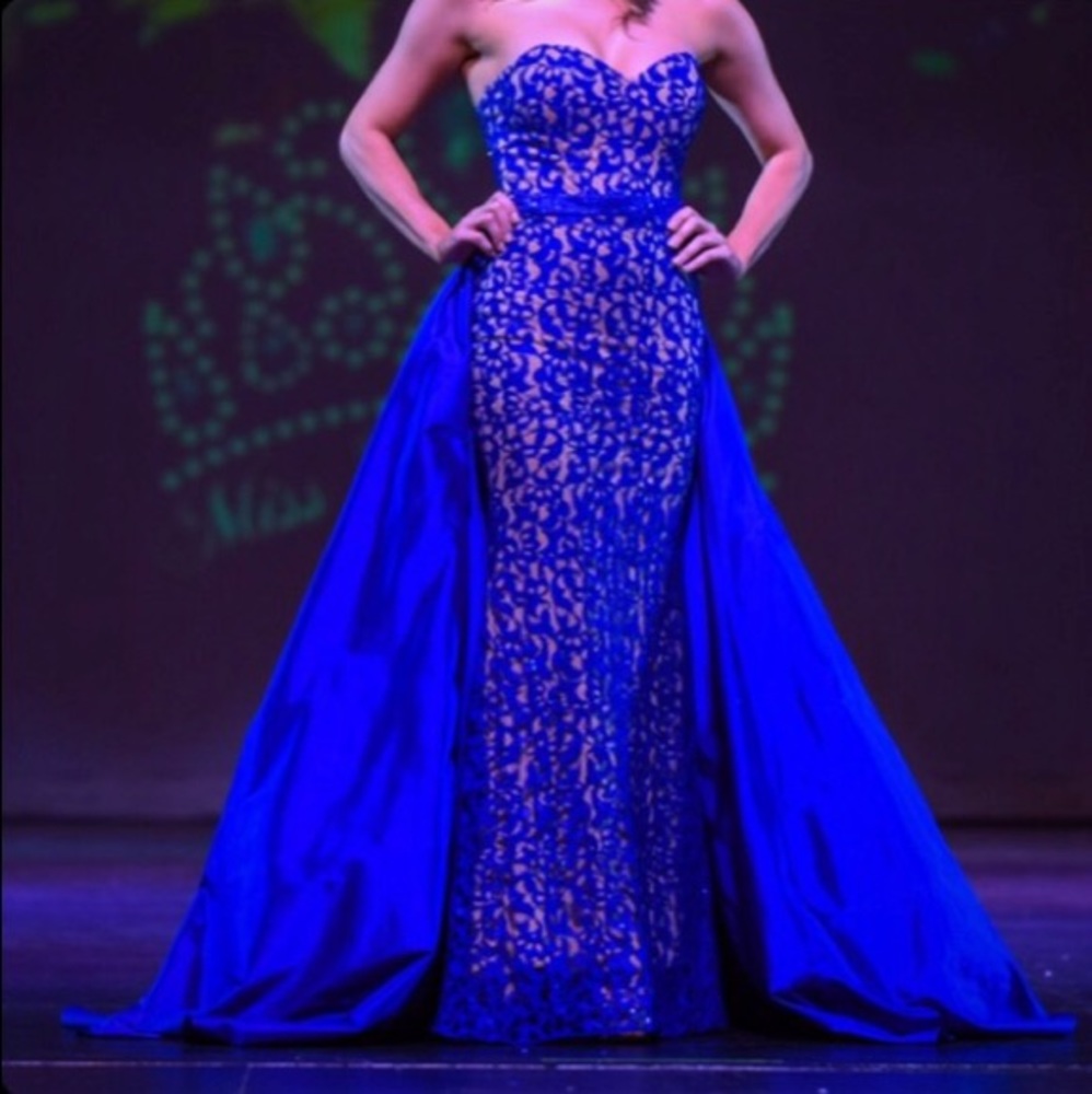 Show Stopping Jovani Royal Blue Lace Silk overskirt pageant Gown Long Prom Dress